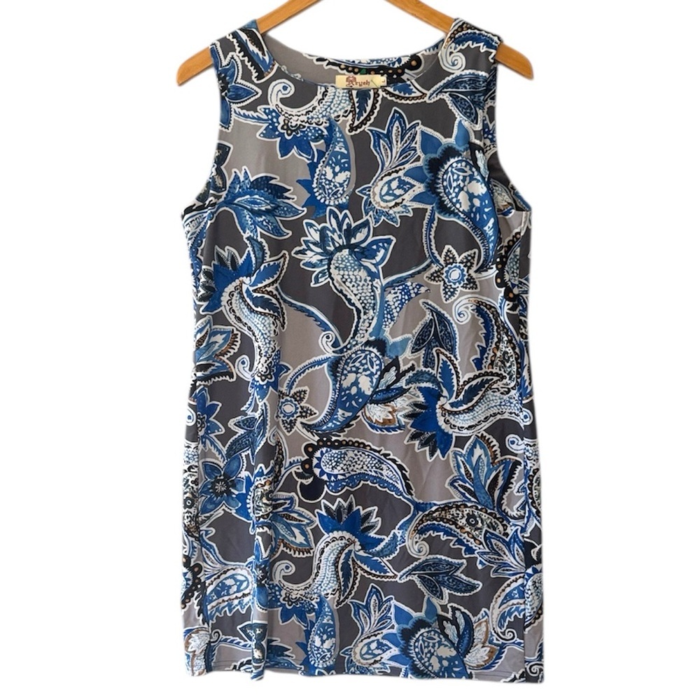 Anthropologie ARYEH Shift Dress Size Large Floral Blue Gray Sleeveless Stretch